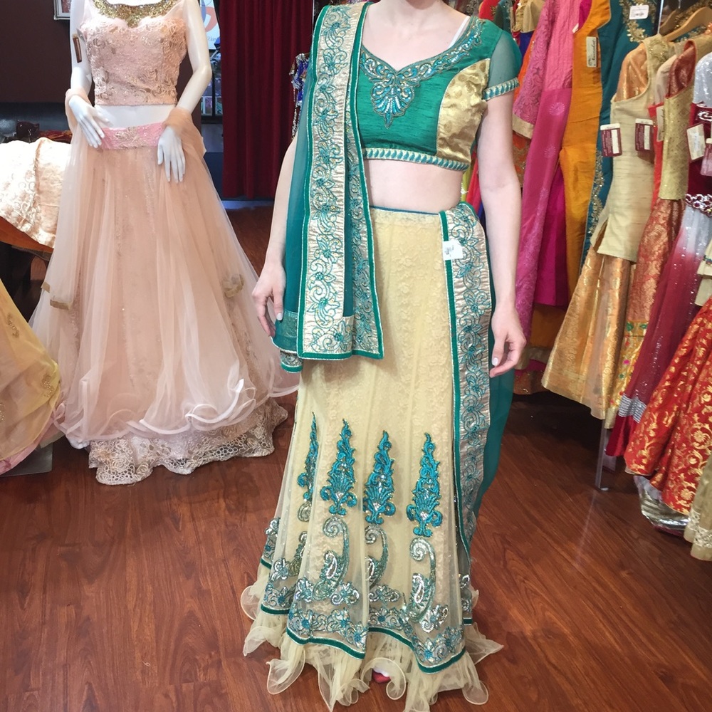 Green and gold lehenga